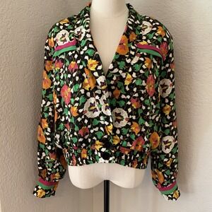 Vtg 80s Howard Wolf Windbreaker Jacket Pleated Colorful Floral Long Sleeve Sz S